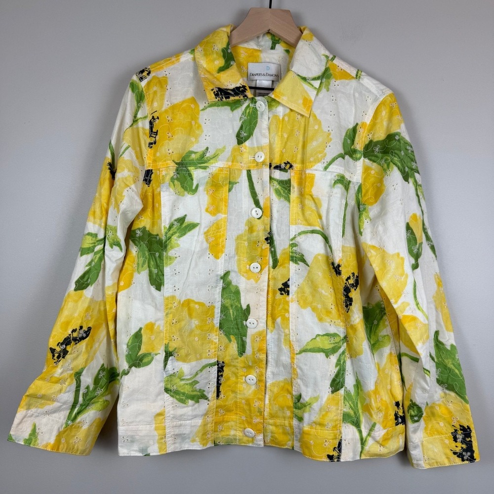 Draper's & Damon's Jacket Women's L Yellow Green Floral Eyelet Button Front Art